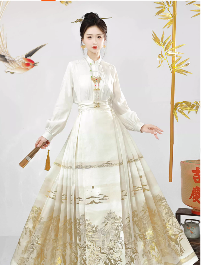 Ming Dynasty Hanfu National Style Horse Face Skirt Weaving Gold Satin Engagement Dress Daily Set