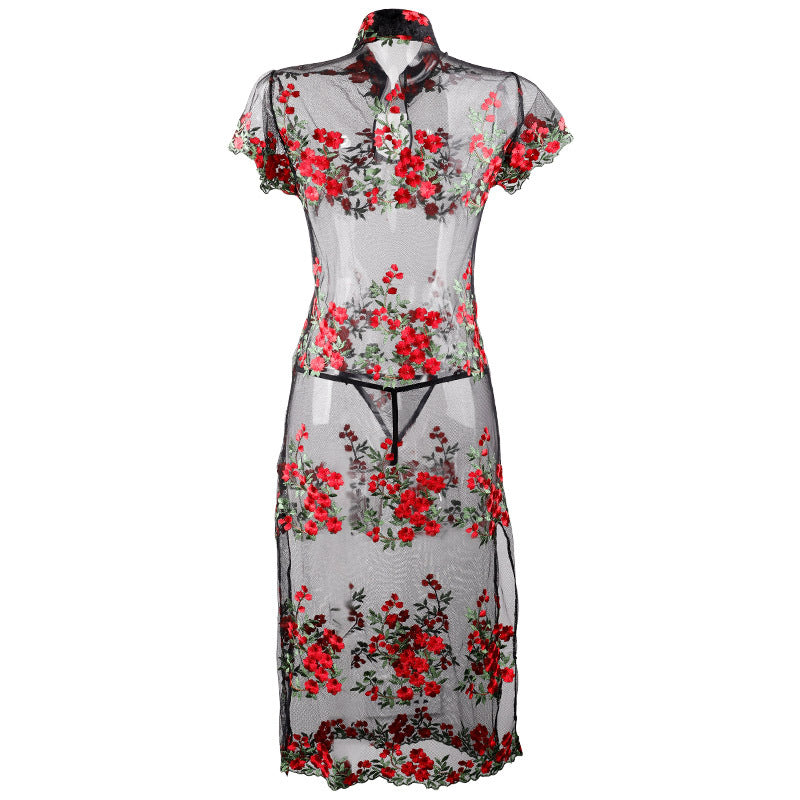 Hanfu suit, erotic lingerie, sexy perspective chiffon, slit ancient style cheongsam