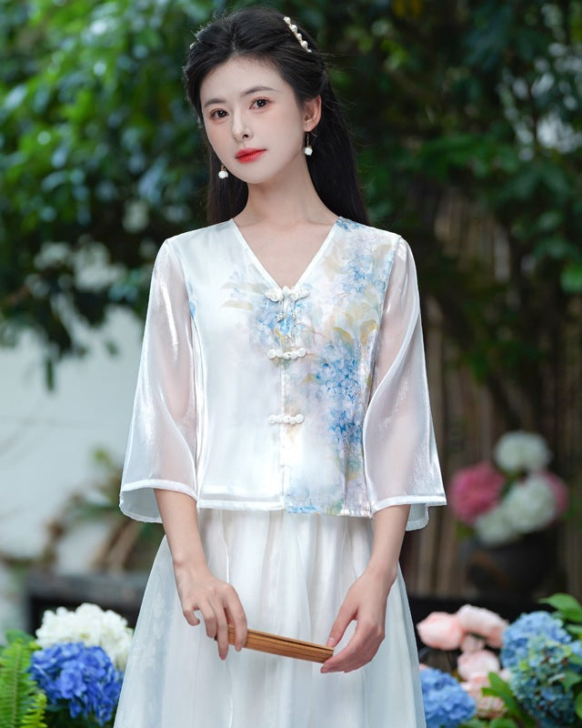 Chinese ink printing and dyeing women's clothing, Chinese style young Hanfu set, Zen tea art clothing, summer style