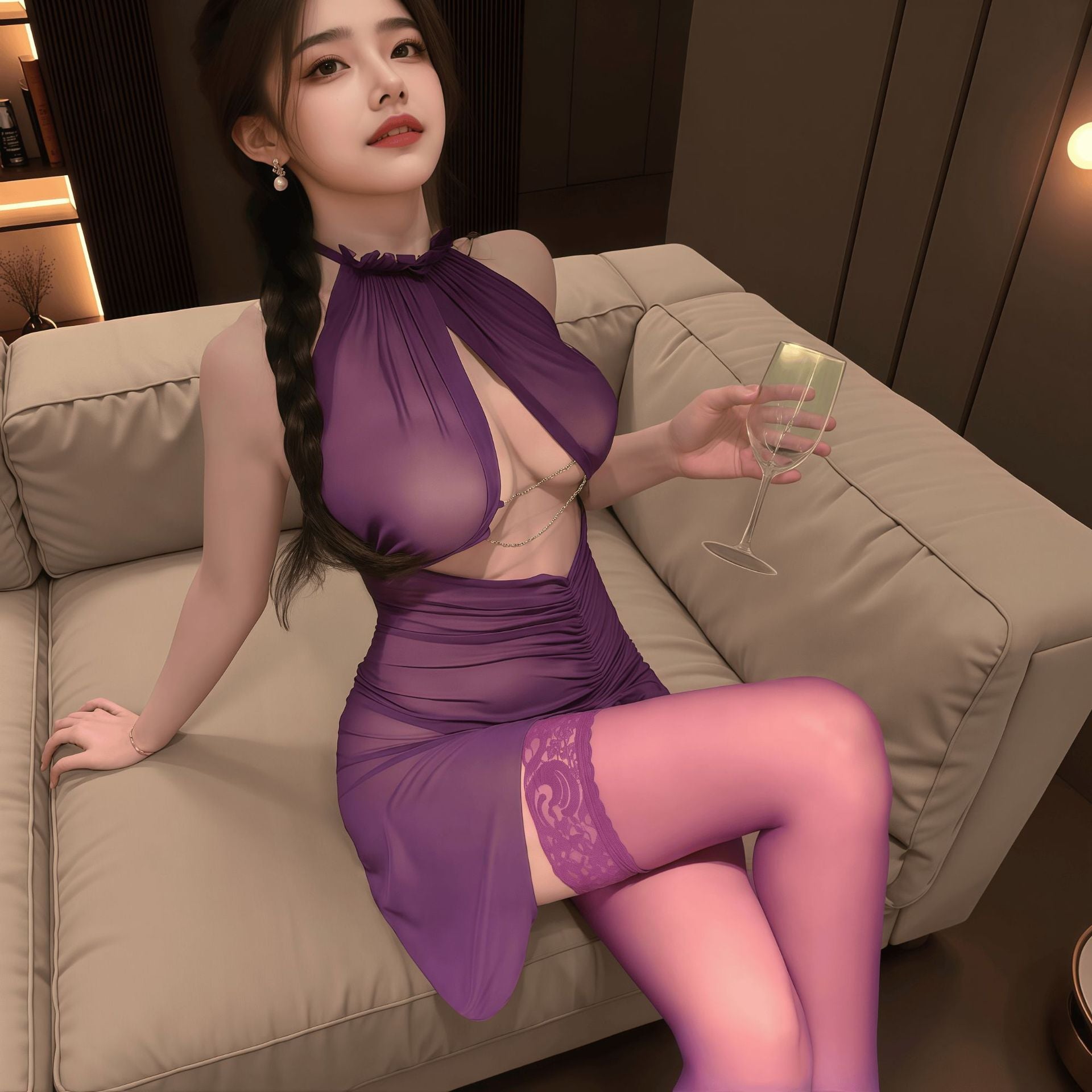 Purple Lace-Trimmed  Hanfu Lingerie Set with Garter Stockings