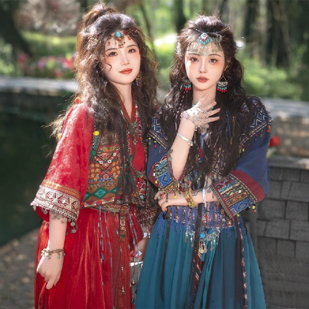 Miao-Style Ethnic Hanfu Ensemble – Hand-Embroidered Red & Blue Traditional Costume Set