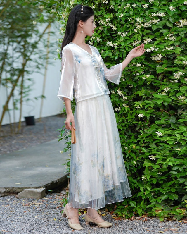 Chinese ink printing and dyeing women's clothing, Chinese style young Hanfu set, Zen tea art clothing, summer style