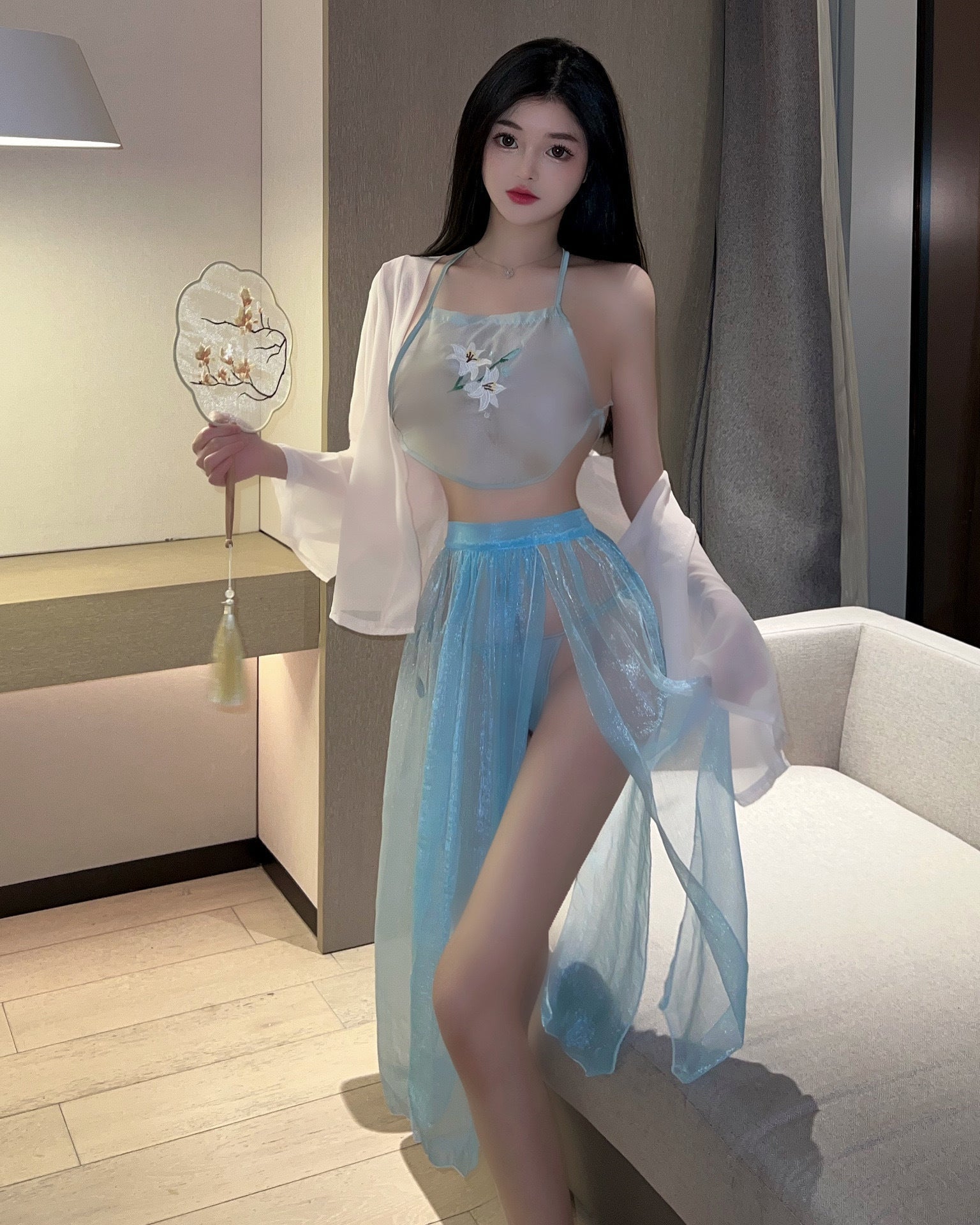 Flirting bellyband sexy perspective sleepwear Hanfu nightgown set