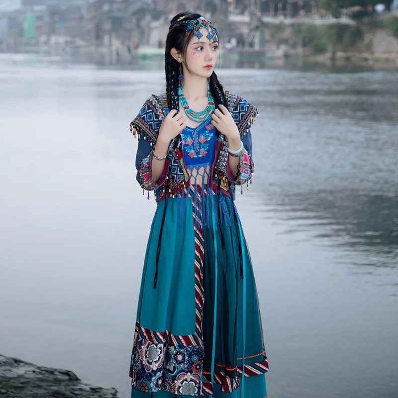 Miao-Style Ethnic Hanfu Ensemble – Hand-Embroidered Red & Blue Traditional Costume Set