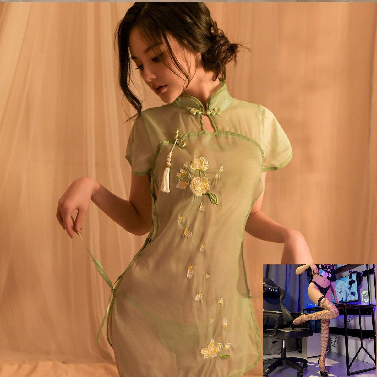 Perspective Embroidered Cheongsam Hanfu Sexy  lingerie