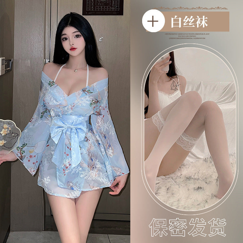 Hanfu sexy lingerie women's kimono bathrobe bow sexy pajamas