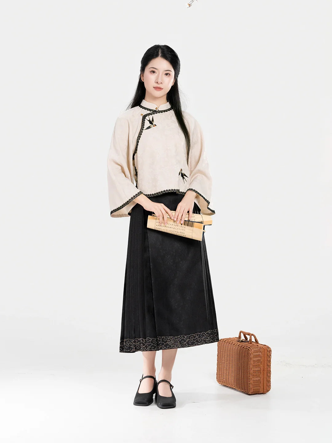 New Chinese National Style Hanfu Slanted Collar Embroidered Jacquard Short Shirt with Wrap Skirt