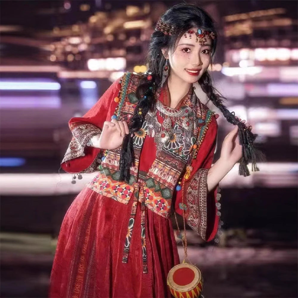 Miao-Style Ethnic Hanfu Ensemble – Hand-Embroidered Red & Blue Traditional Costume Set