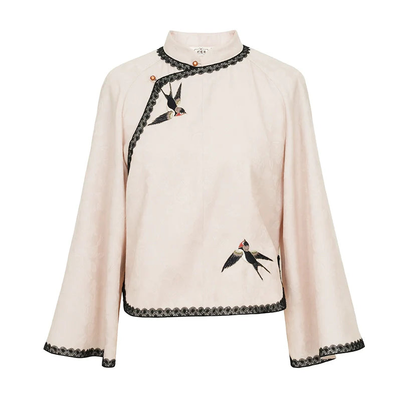 New Chinese National Style Hanfu Slanted Collar Embroidered Jacquard Short Shirt with Wrap Skirt