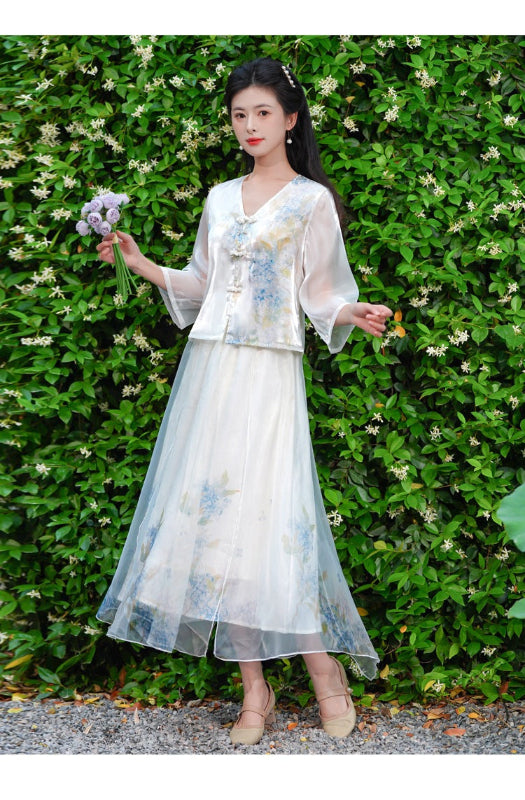 Chinese ink printing and dyeing women's clothing, Chinese style young Hanfu set, Zen tea art clothing, summer style