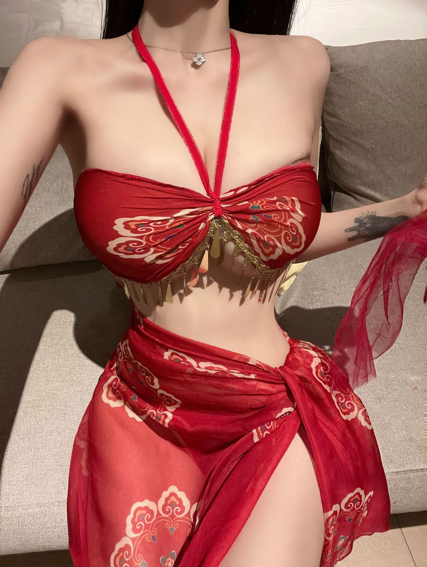 Belly Dance Dress Red Hanfu Halter lingerie Bellyband Dancer Cosplay Costume Bandage Skirt  with Veil