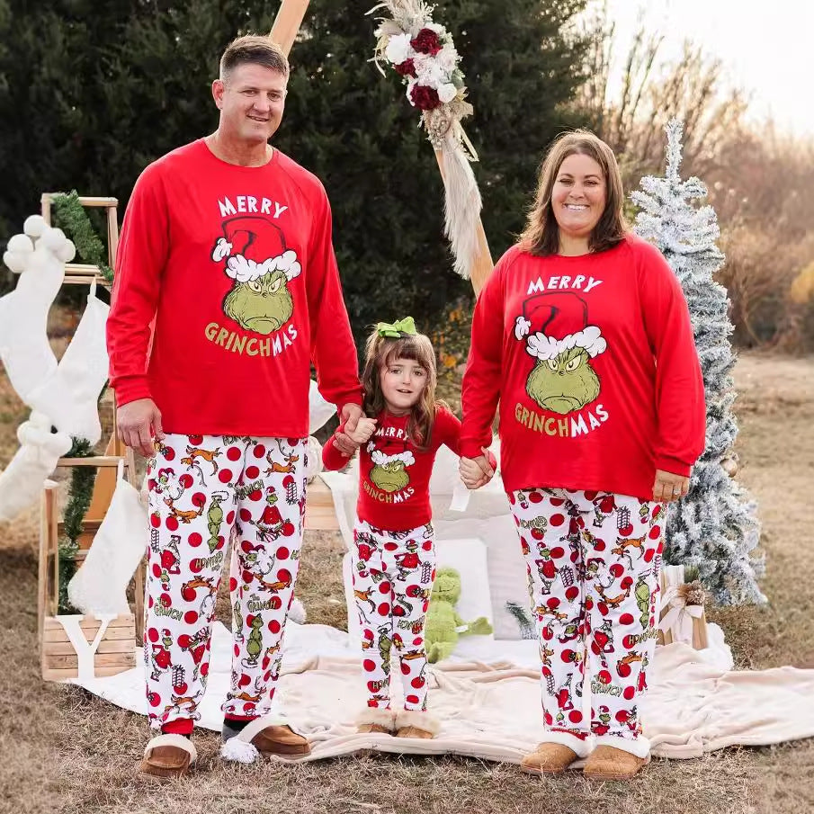 Christmas parent-child set printed pajamas long sleeved round neck