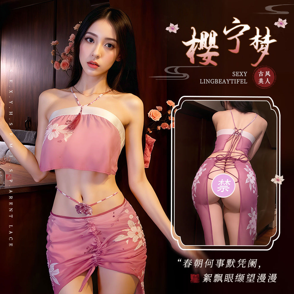 Hanfu perspective bellyband lingerie set with hollowed out slit sleepwear