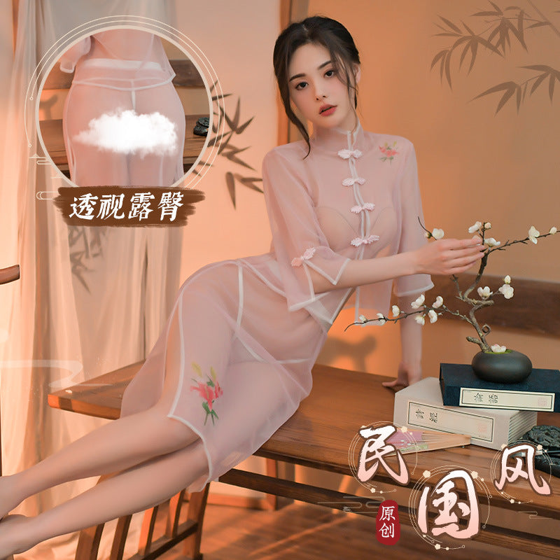 Chinese style set of erotic lingerie, transparent qipao, thin gauze Hanfu