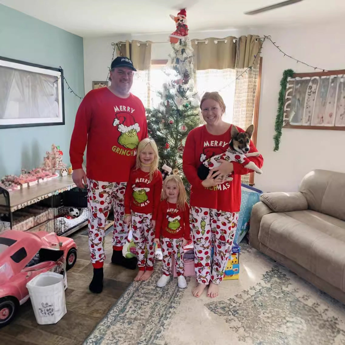 어린이용 크리스마스 부모-자녀 세트 프린트 파자마 긴팔 라운드넥