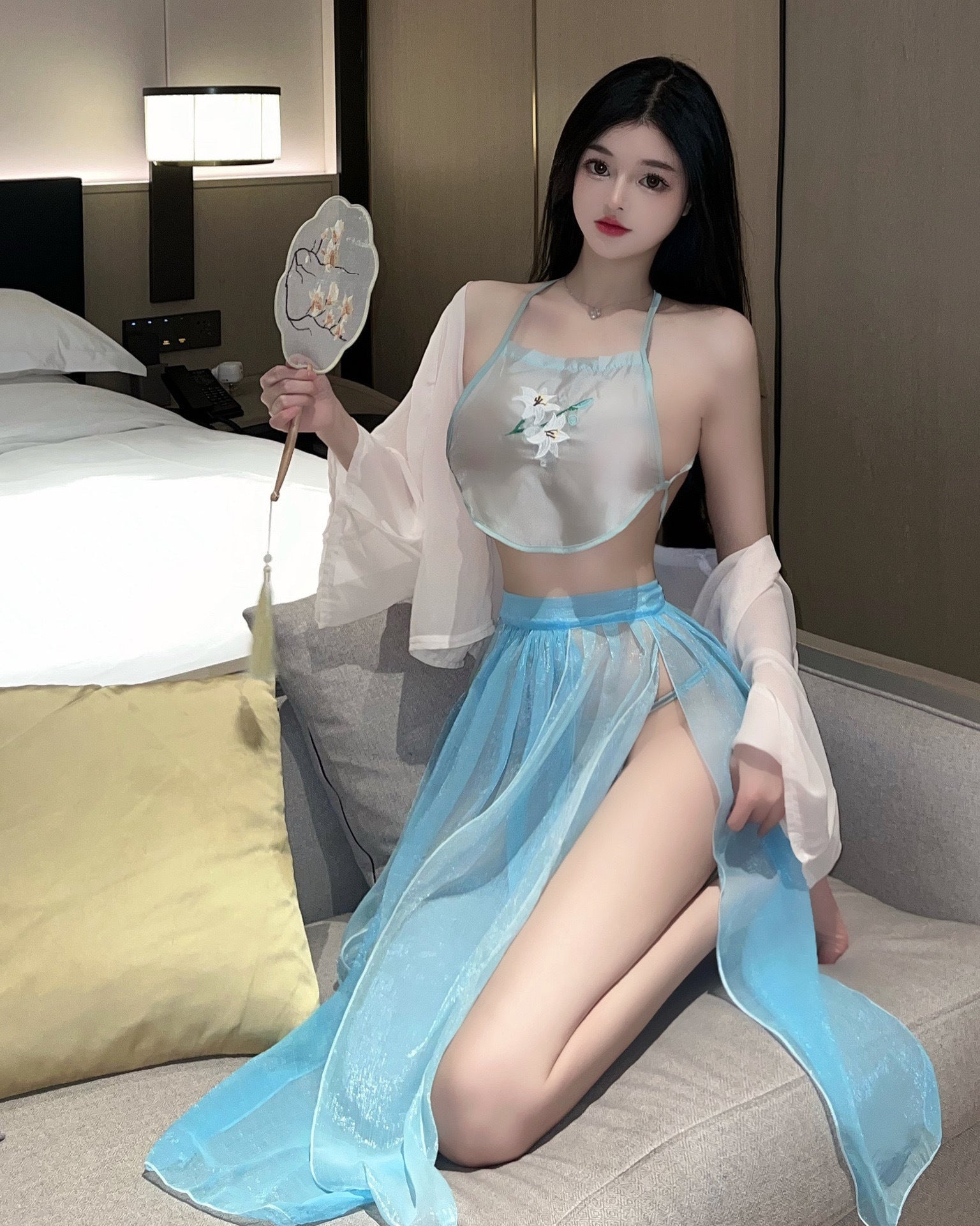 Flirting bellyband sexy perspective sleepwear Hanfu nightgown set