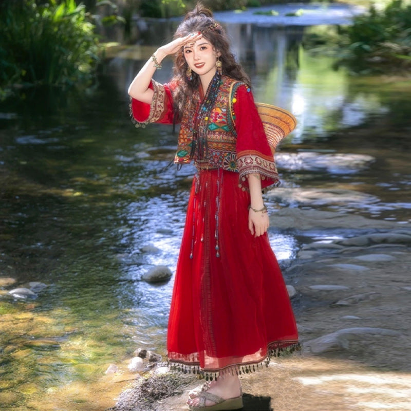 Miao-Style Ethnic Hanfu Ensemble – Hand-Embroidered Red & Blue Traditional Costume Set