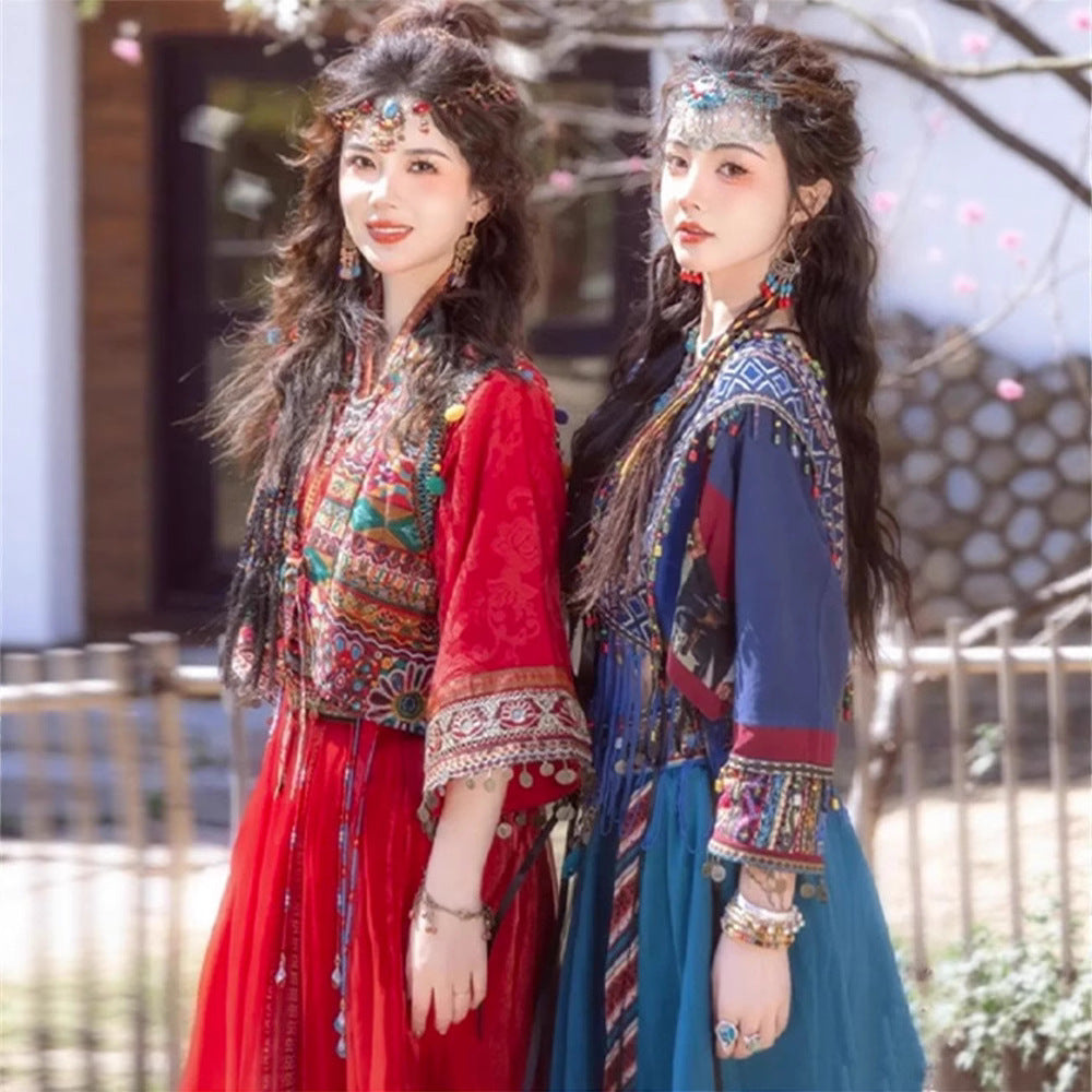 Miao-Style Ethnic Hanfu Ensemble – Hand-Embroidered Red & Blue Traditional Costume Set