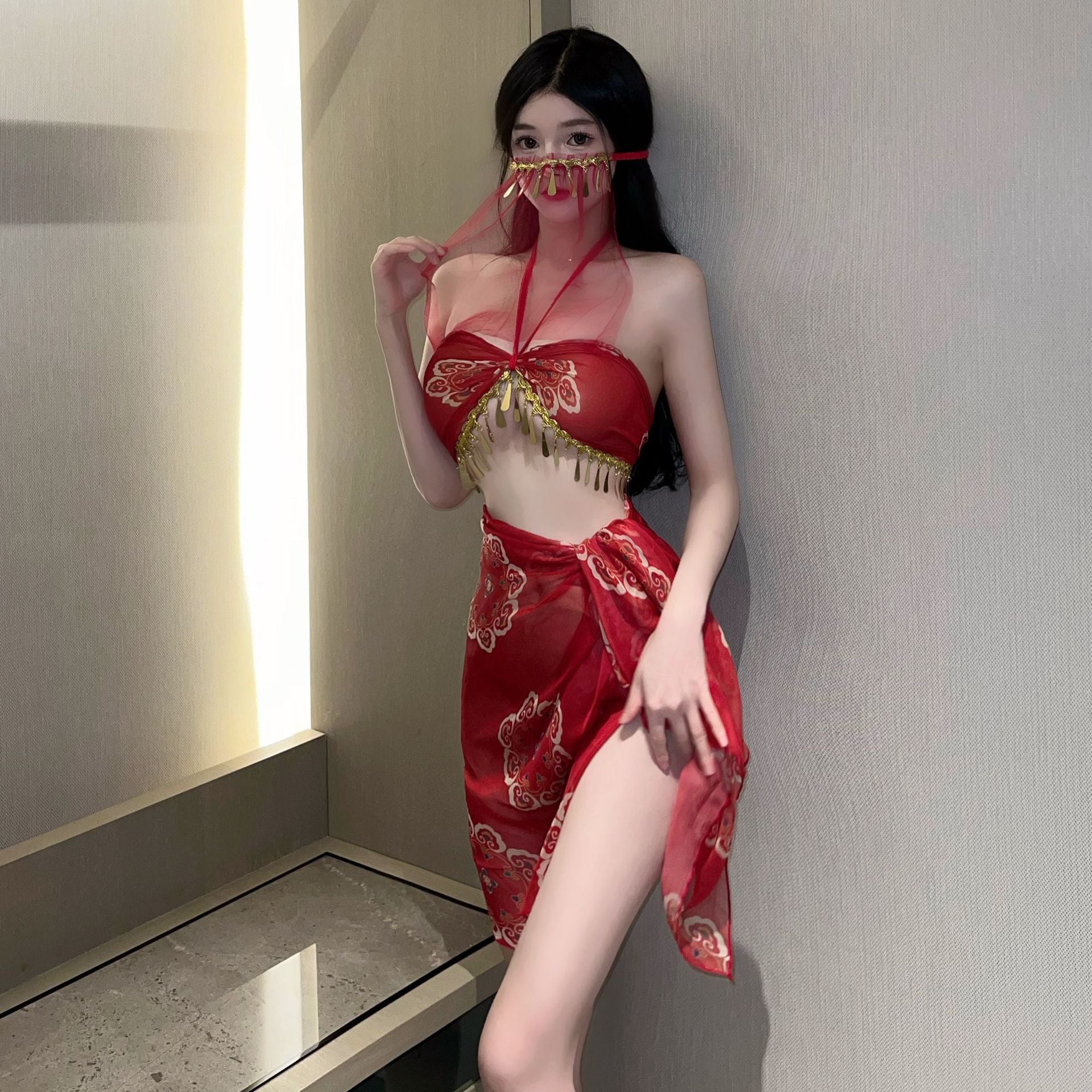 Belly Dance Dress Red Hanfu Halter lingerie Bellyband Dancer Cosplay Costume Bandage Skirt  with Veil