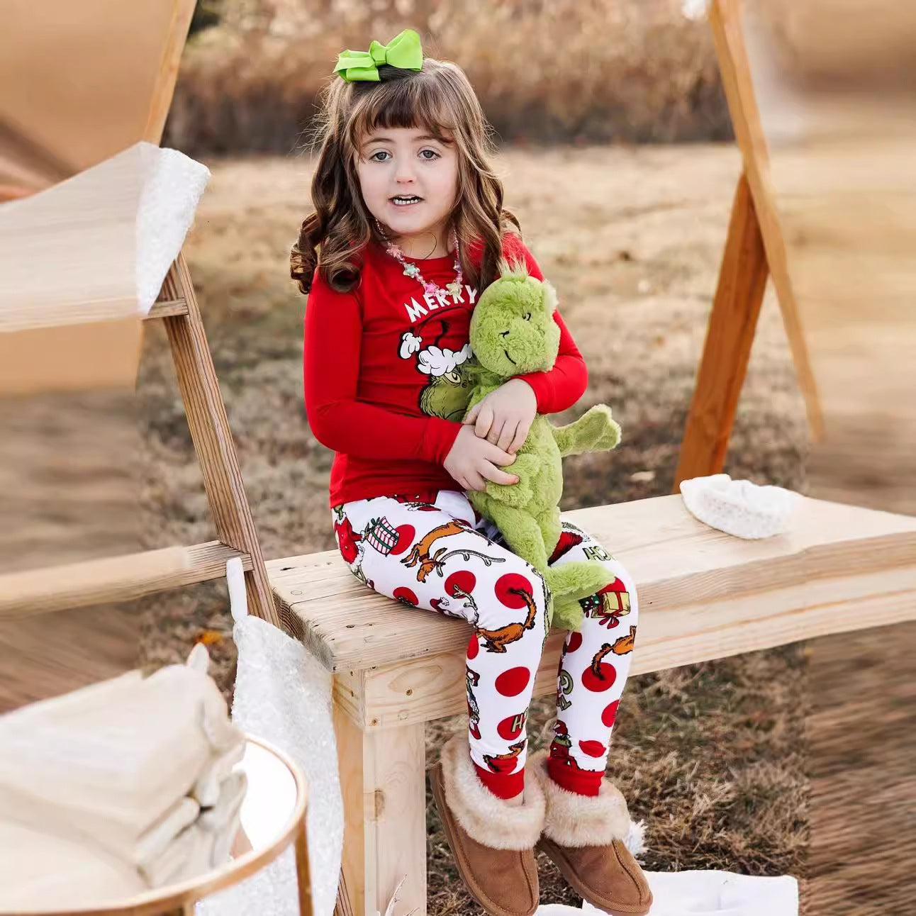 Children's Christmas parent-child set printed pajamas long sleeved round neck