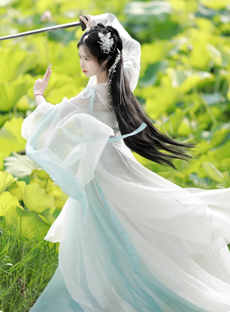 Hanfu Female Immortal Swordsman Style Cool and Cold Cross Collar Wide Sleeves Flowing Immortal Skirt Ancient Costume Spring and Autumn
