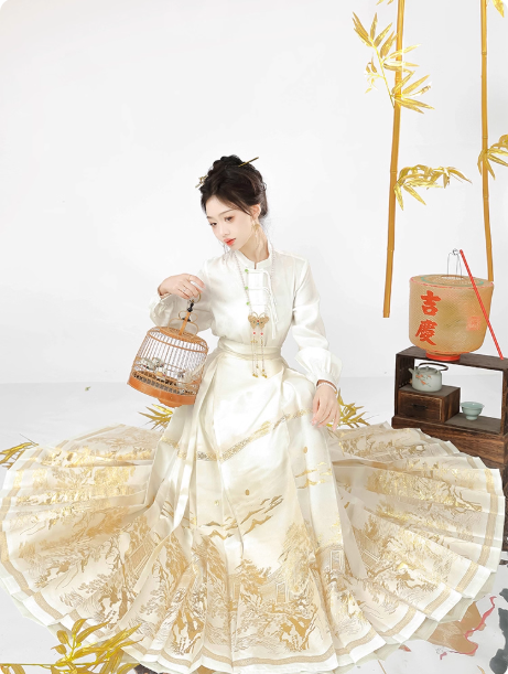 Ming Dynasty Hanfu Women's National Style New Chinese style Horse Face Skirt Weaving Gold Satin Engagement Dress Daily Set Autumn