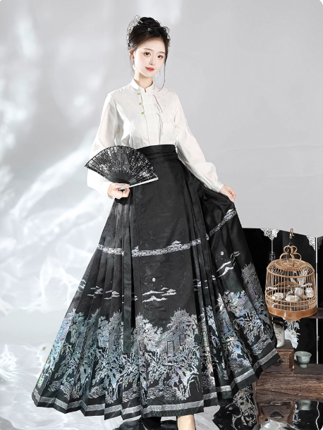 Ming Dynasty Hanfu Women's National Style New Chinese style Horse Face Skirt Weaving Gold Satin Engagement Dress Daily Set Autumn