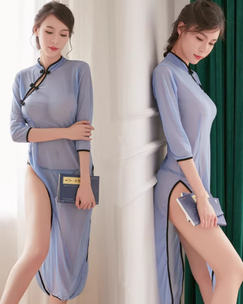 Cheongsam high slit underwear, Republic of China style plus size, Chinese style transparent nightgown，Hanfu Lingerie