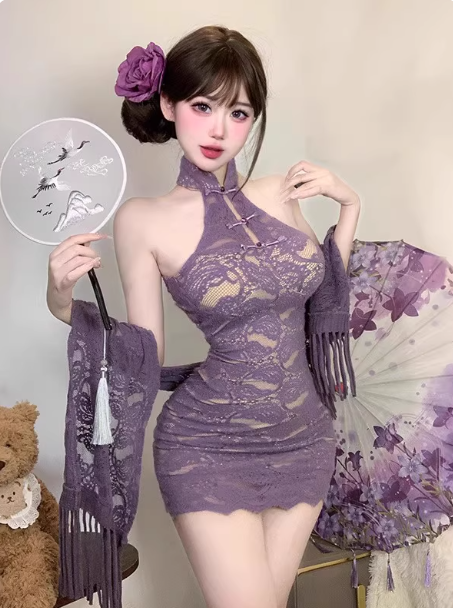 New Chinese Hanfu set, women's purple lace neck hanging dress, hip hugging short skirt, cardigan, shawl two-piece set