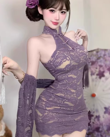 New Chinese Hanfu set, women's purple lace neck hanging dress, hip hugging short skirt, cardigan, shawl two-piece set