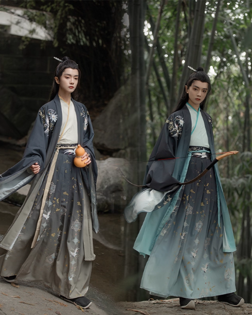 Cross collar waist-length Wei and Jin style ancient costume large sleeve shirt printed embroidery suit couple two-color Hanfu