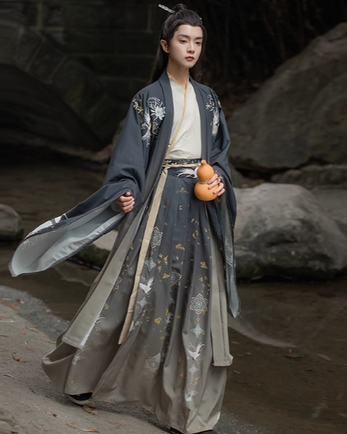 Cross collar waist-length Wei and Jin style ancient costume large sleeve shirt printed embroidery suit couple two-color Hanfu