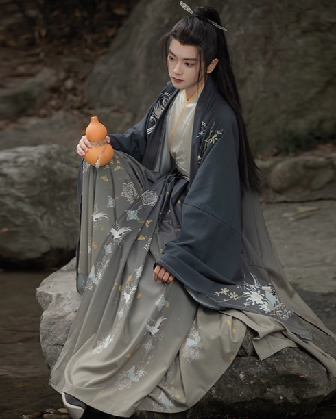 Cross collar waist-length Wei and Jin style ancient costume large sleeve shirt printed embroidery suit couple two-color Hanfu