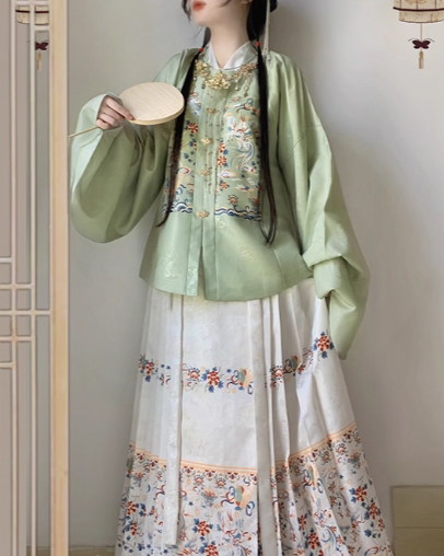 Ming Dynasty Hanfu women's jacquard square collar patch short jacket and horse face skirt