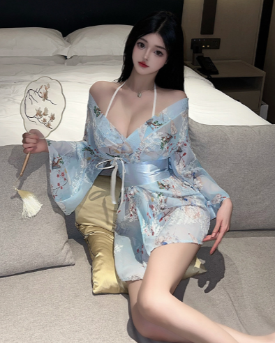 Hanfu sexy lingerie women's kimono bathrobe bow sexy pajamas
