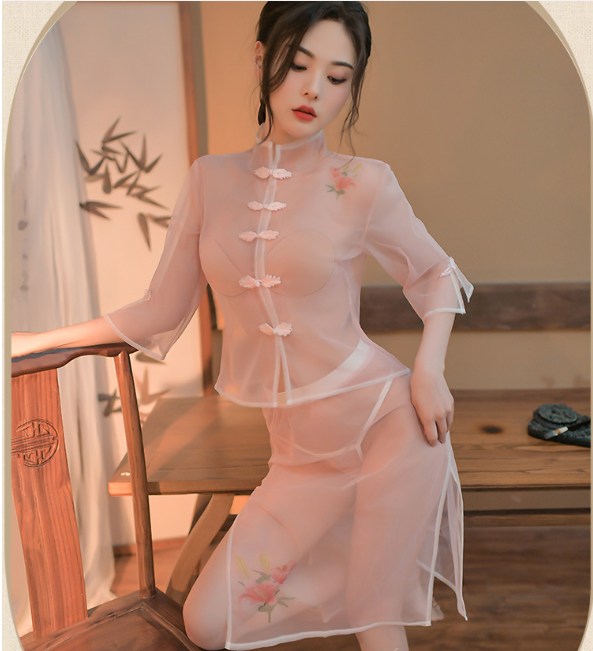 Chinese style set of erotic lingerie, transparent qipao, thin gauze Hanfu