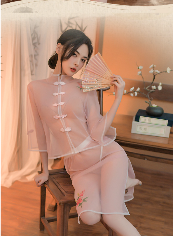 Chinese style set of erotic lingerie, transparent qipao, thin gauze Hanfu