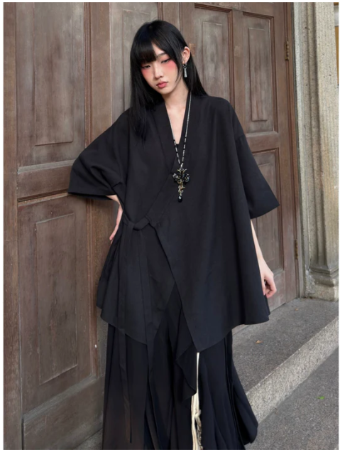 New Chinese Hanfu Taoist robe with straps, short sleeved shirt jacket Unisex