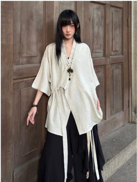 New Chinese Hanfu Taoist robe with straps, short sleeved shirt jacket Unisex