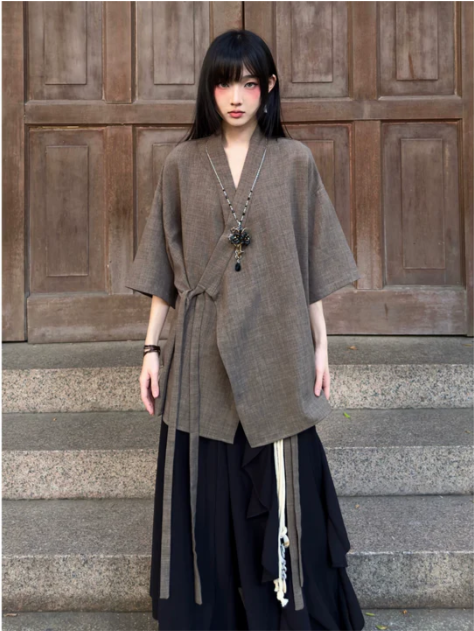 New Chinese Hanfu Taoist robe with straps, short sleeved shirt jacket Unisex