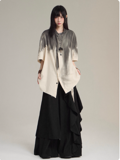 New Chinese Hanfu Taoist robe with straps, short sleeved shirt jacket Unisex