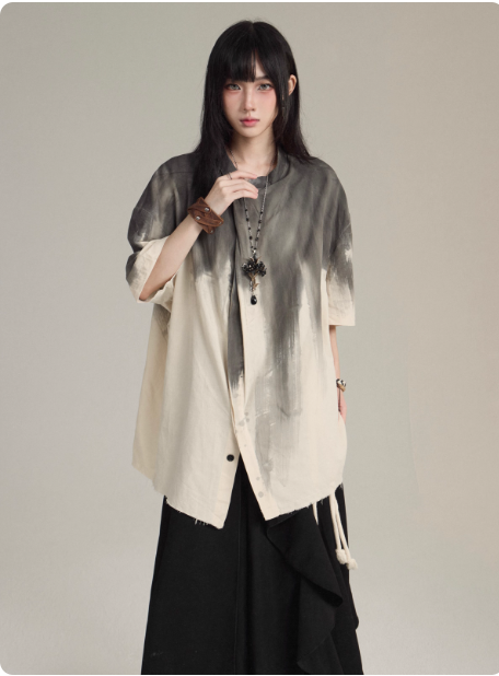 New Chinese Hanfu Taoist robe with straps, short sleeved shirt jacket Unisex