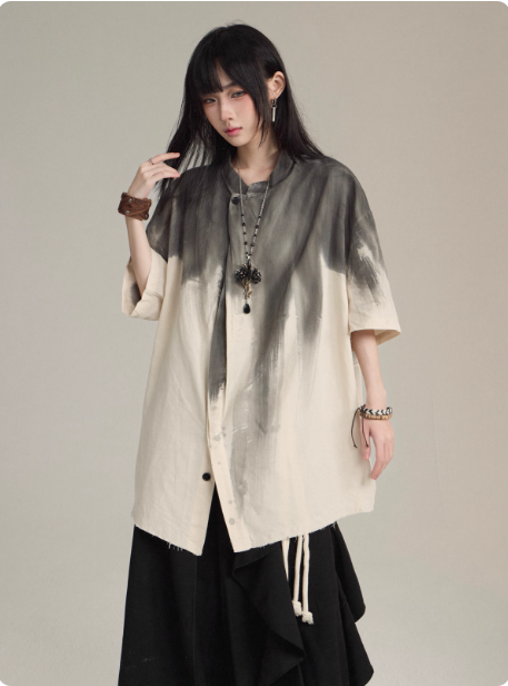 New Chinese Hanfu Taoist robe with straps, short sleeved shirt jacket Unisex