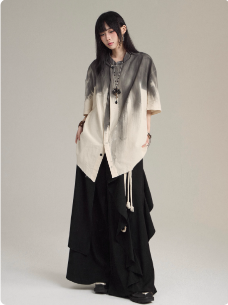 New Chinese Hanfu Taoist robe with straps, short sleeved shirt jacket Unisex