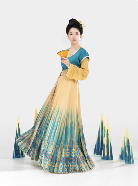 [蓝珀金沙]Tang Dynasty Hanfu Vest with Round Collar Shirt and Skirt (Preorder)