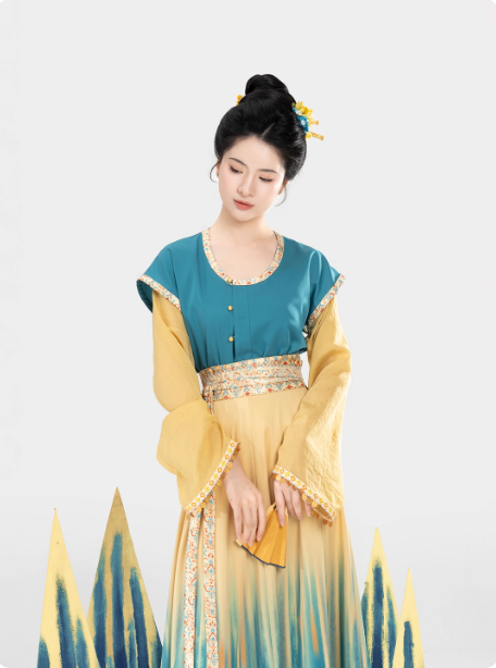[蓝珀金沙]Tang Dynasty Hanfu Vest with Round Collar Shirt and Skirt (Preorder)