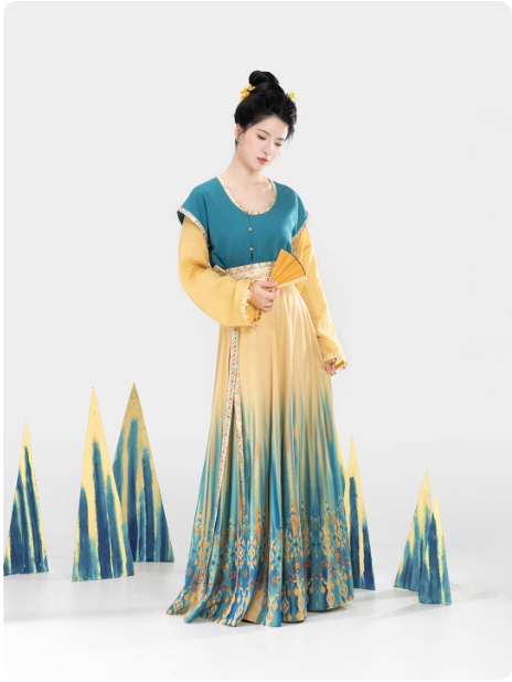 [蓝珀金沙]Tang Dynasty Hanfu Vest with Round Collar Shirt and Skirt (Preorder)