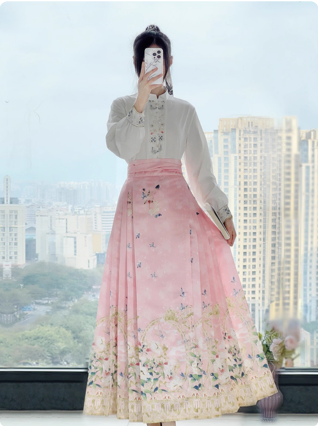 【花香碟语】Ming style standing collar Chinese Hanfu horse face skirt
