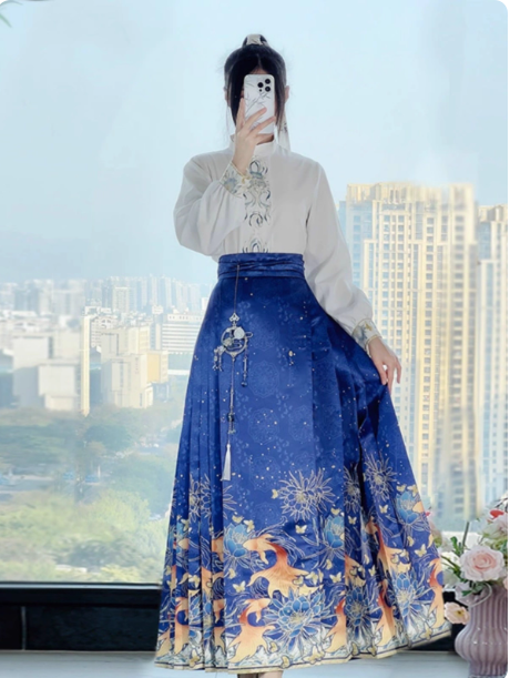 [鱼影花香】Ming Dynasty Hanfu Ma Mian Skirt horse face skirt set