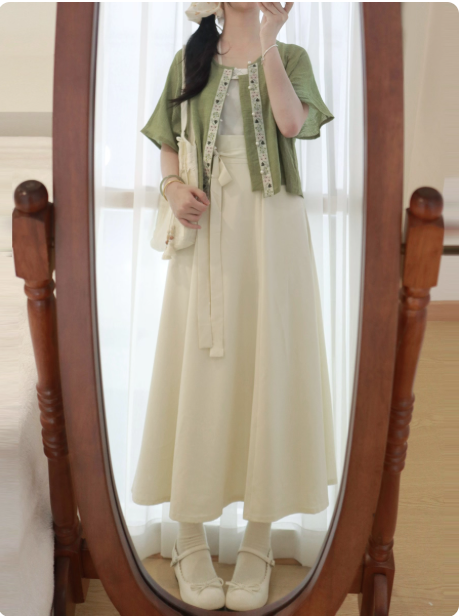 New Chinese Hanfu round neck short sleeved waist length skirt